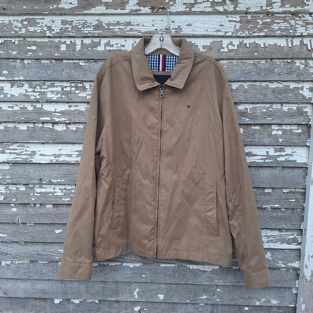 EUC Tommy Hilfiger Men's Classic Front-Zip Micro-Twill Jacket Khaki Size Large